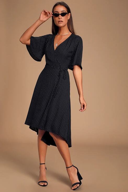 Lulu's Dresses & Skirts - Lulu's Dress Farah Midi Wrap Flare Sleeve Dotted Small Vneck Tie Waist High Low